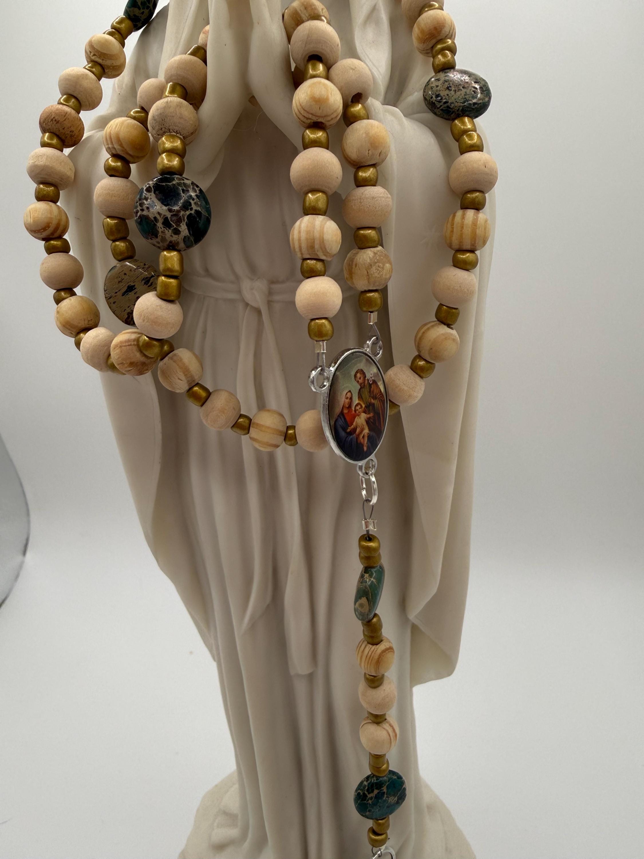 Handmade Green Bead Rosary with Wood & Silver Crucifix – Catholic Prayer Rosary