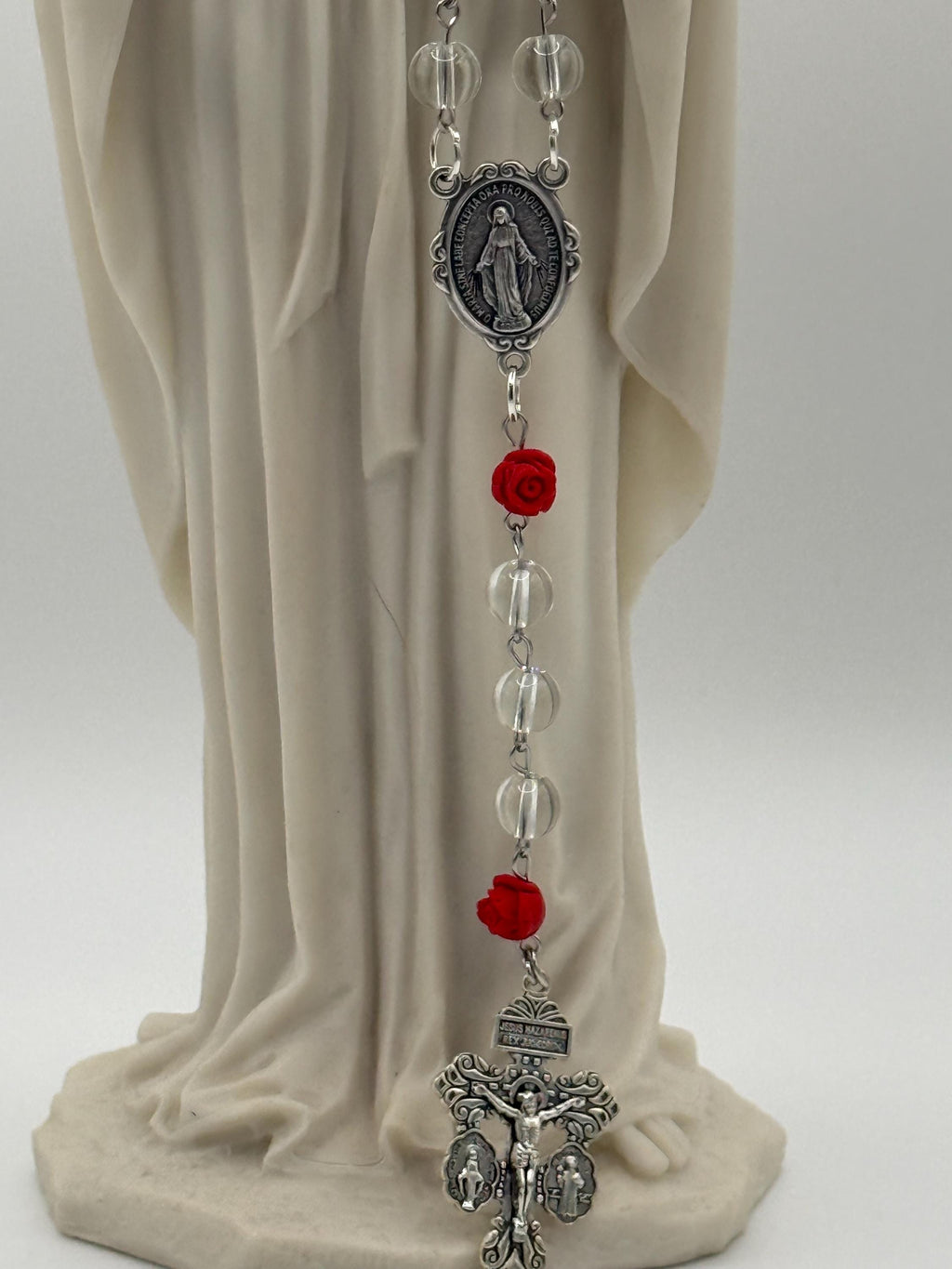 Clear Glass Rosary, Red Rose Beads, Miraculous Medal