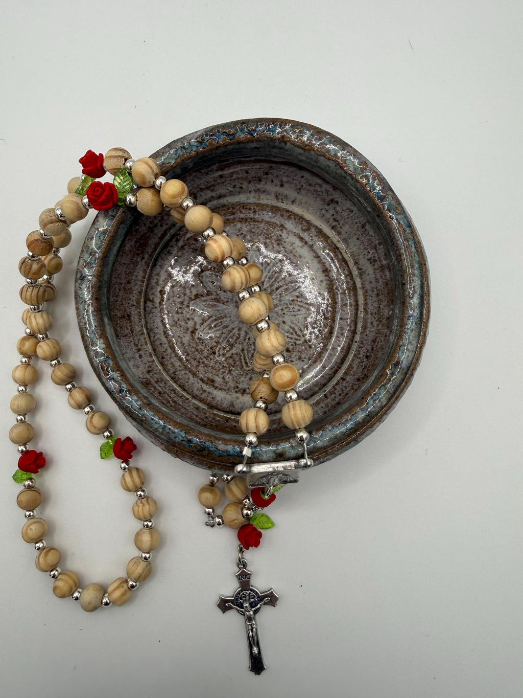 Wooden Rosary, Silver-toned Spacers, Red Rose  “Our Father Beads”
