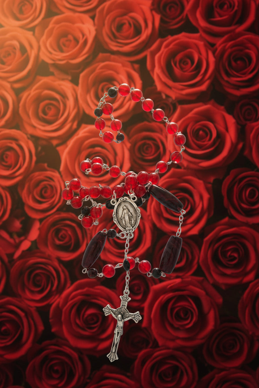 Catholic Red Glass Beads and Vintage Black Agate Beads