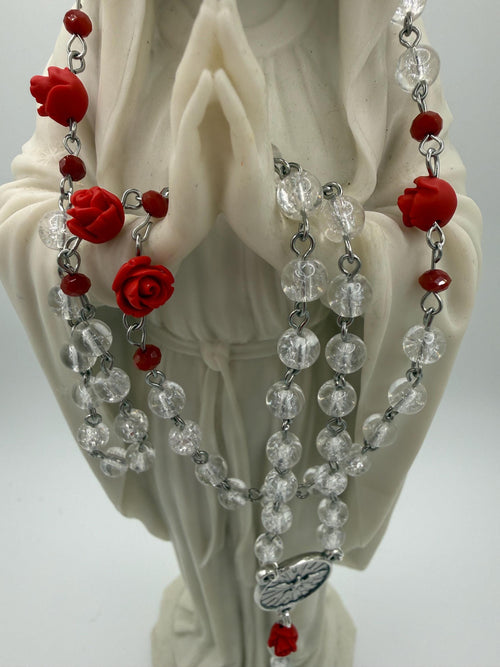 Clear Crackle Glass Rosary, Red Rose Beads, Holy Spirit Center, St. Benedict Crucifix