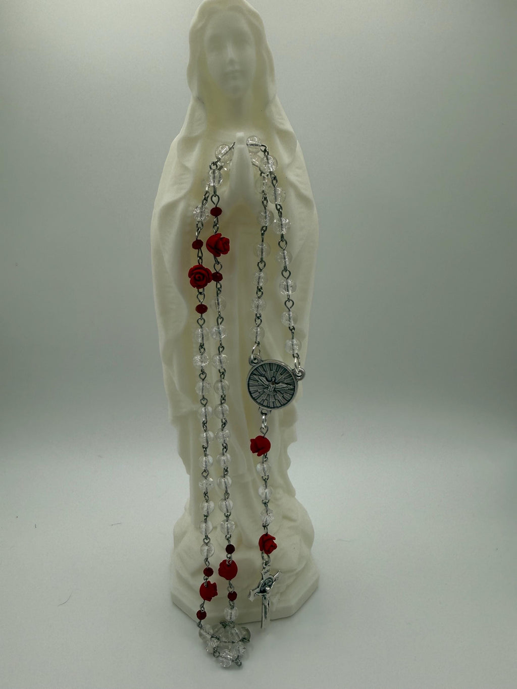 Clear Crackle Glass Rosary, Red Rose Beads, Holy Spirit Center, St. Benedict Crucifix