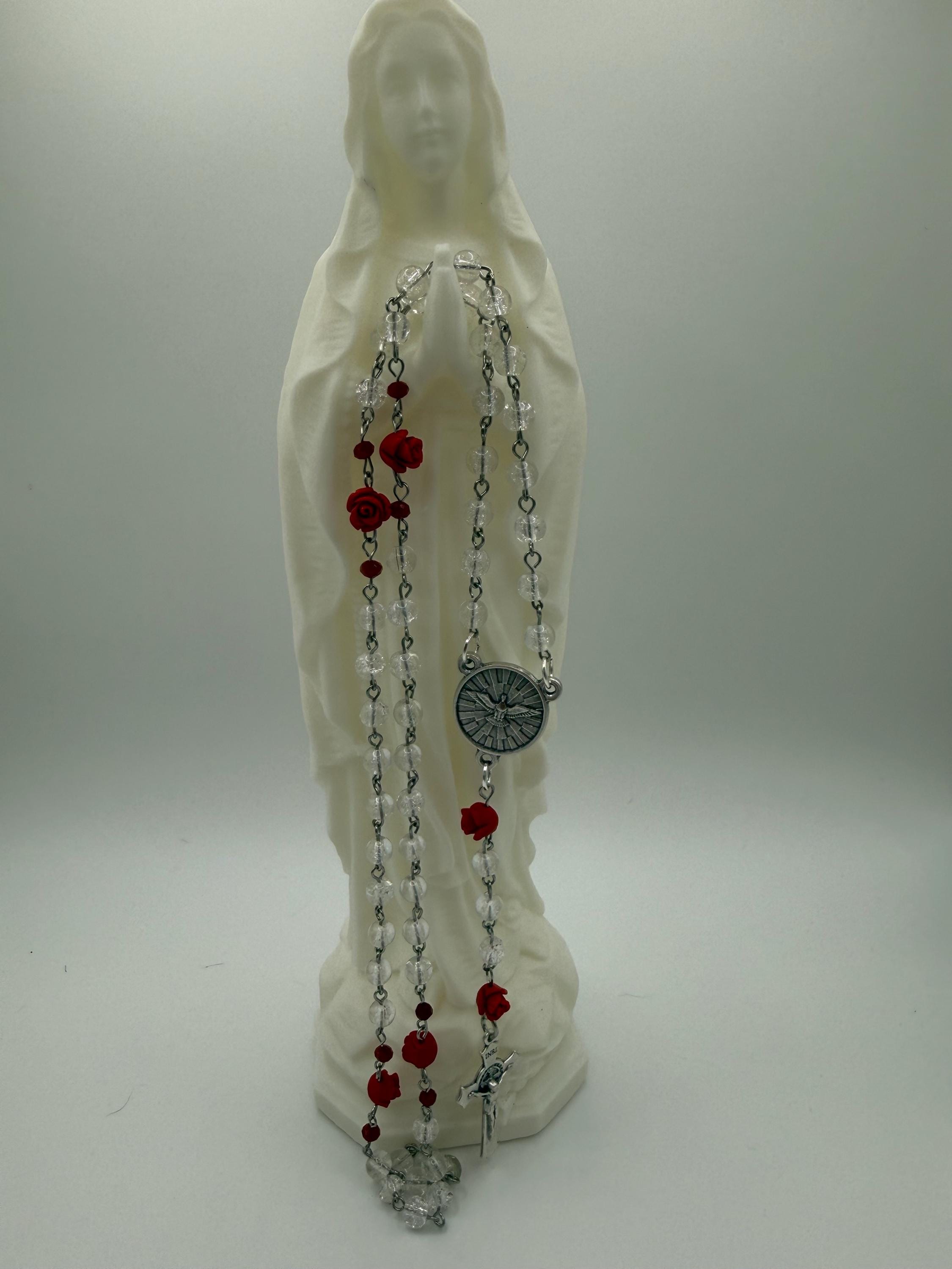 Clear Crackle Glass Rosary, Red Rose Beads, Holy Spirit Center, St. Benedict Crucifix