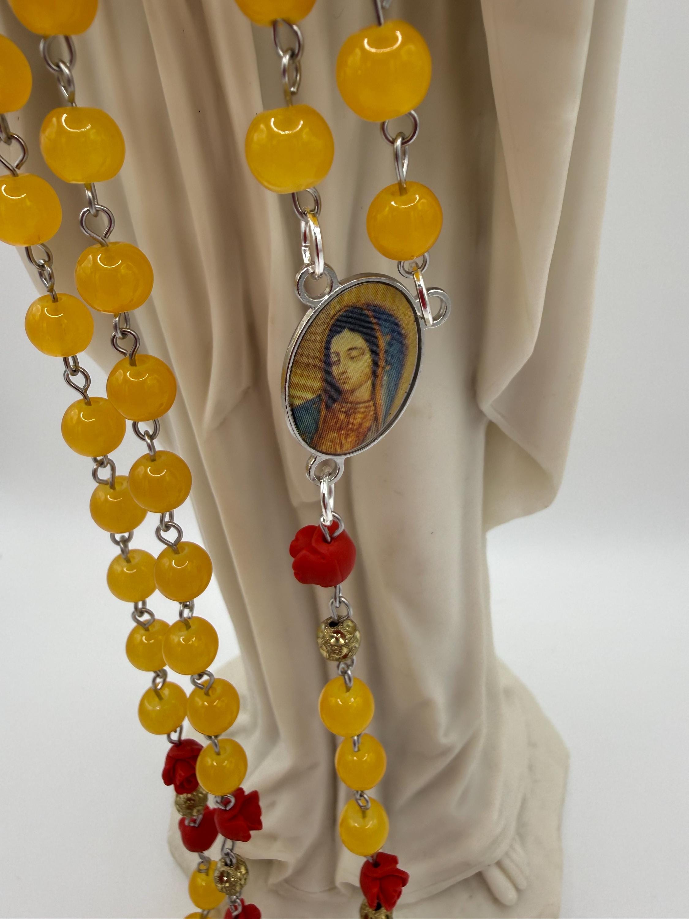 Yellow Glass Bead Rosary With Red Rose Accents, Our Lady of Guadalupe Center