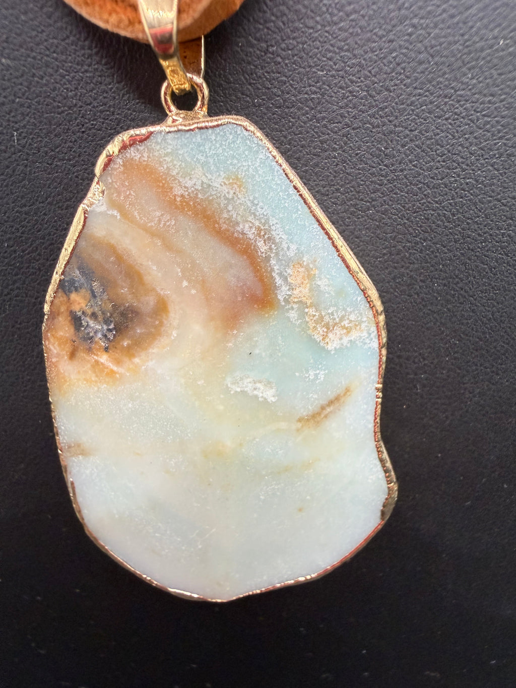 Natural Amazonite Stone Slice Pendant Necklace | Genuine Green Gemstone on Brown Leather Cord | Boho Chic Jewelry | Earthy Handmade Gift for