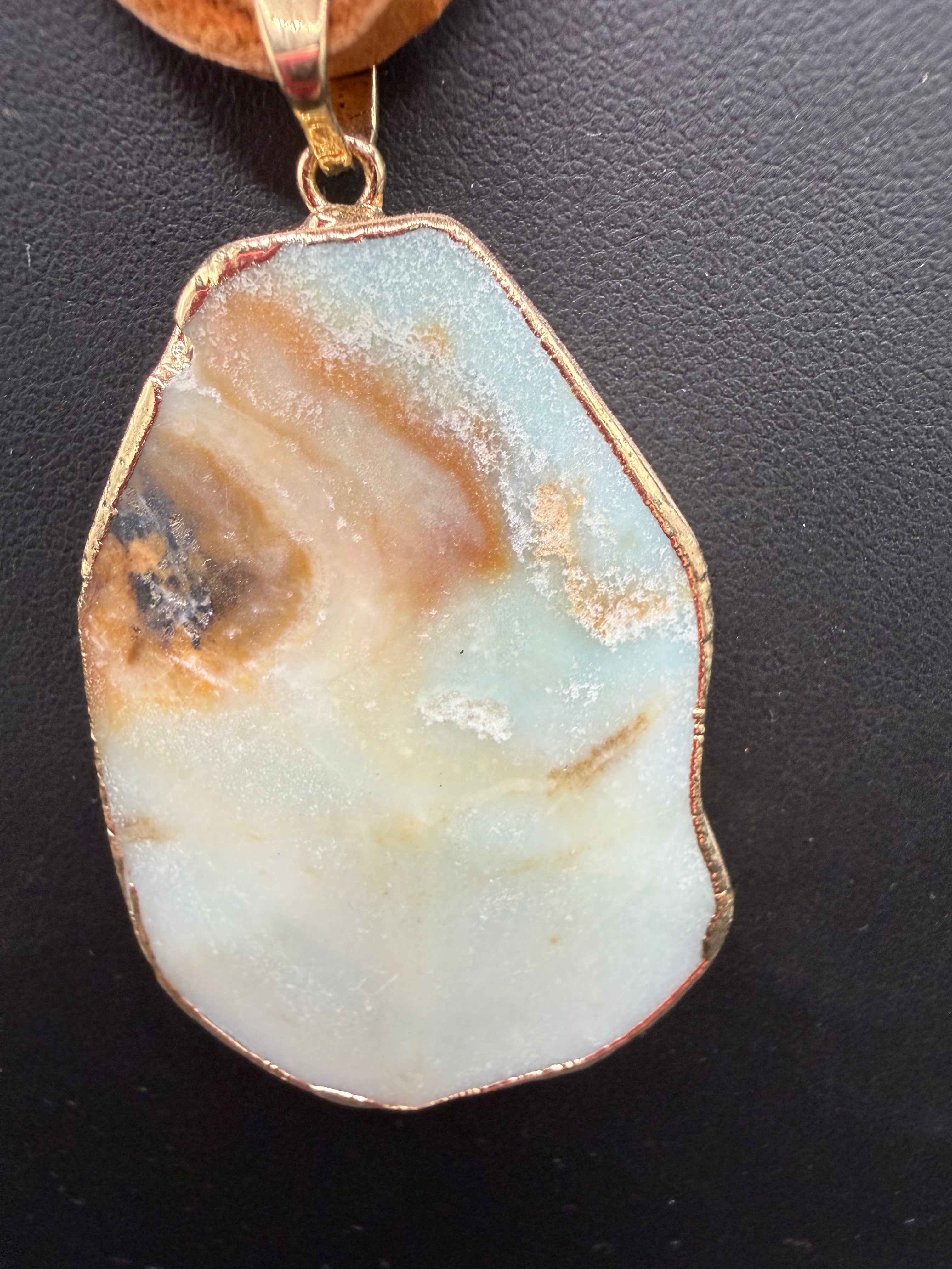 Natural Amazonite Stone Slice Pendant Necklace | Genuine Green Gemstone on Brown Leather Cord | Boho Chic Jewelry | Earthy Handmade Gift for