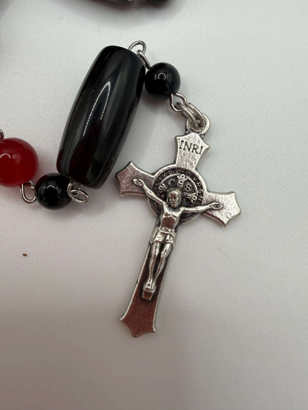 Catholic Red Glass Beads and Vintage Black Agate Beads