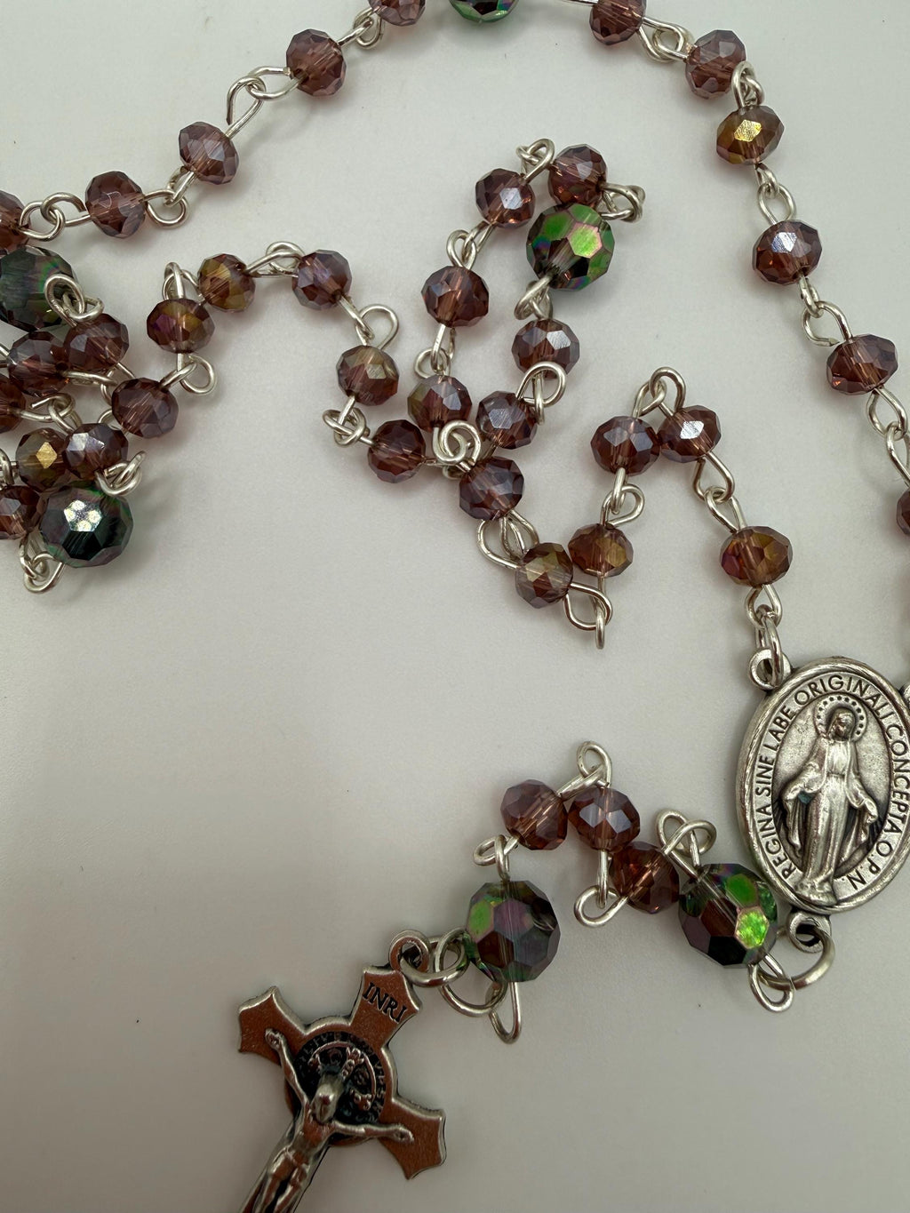 Purple Crystal Rosary, Iridescent Our Father Beads, Miraculous Medal