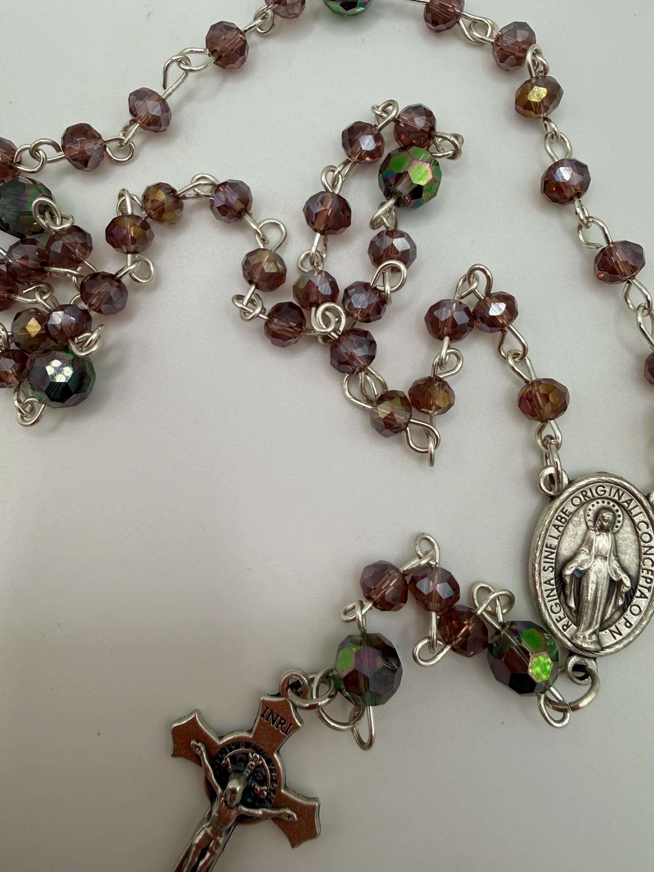 Purple Crystal Rosary, Iridescent Our Father Beads, Miraculous Medal