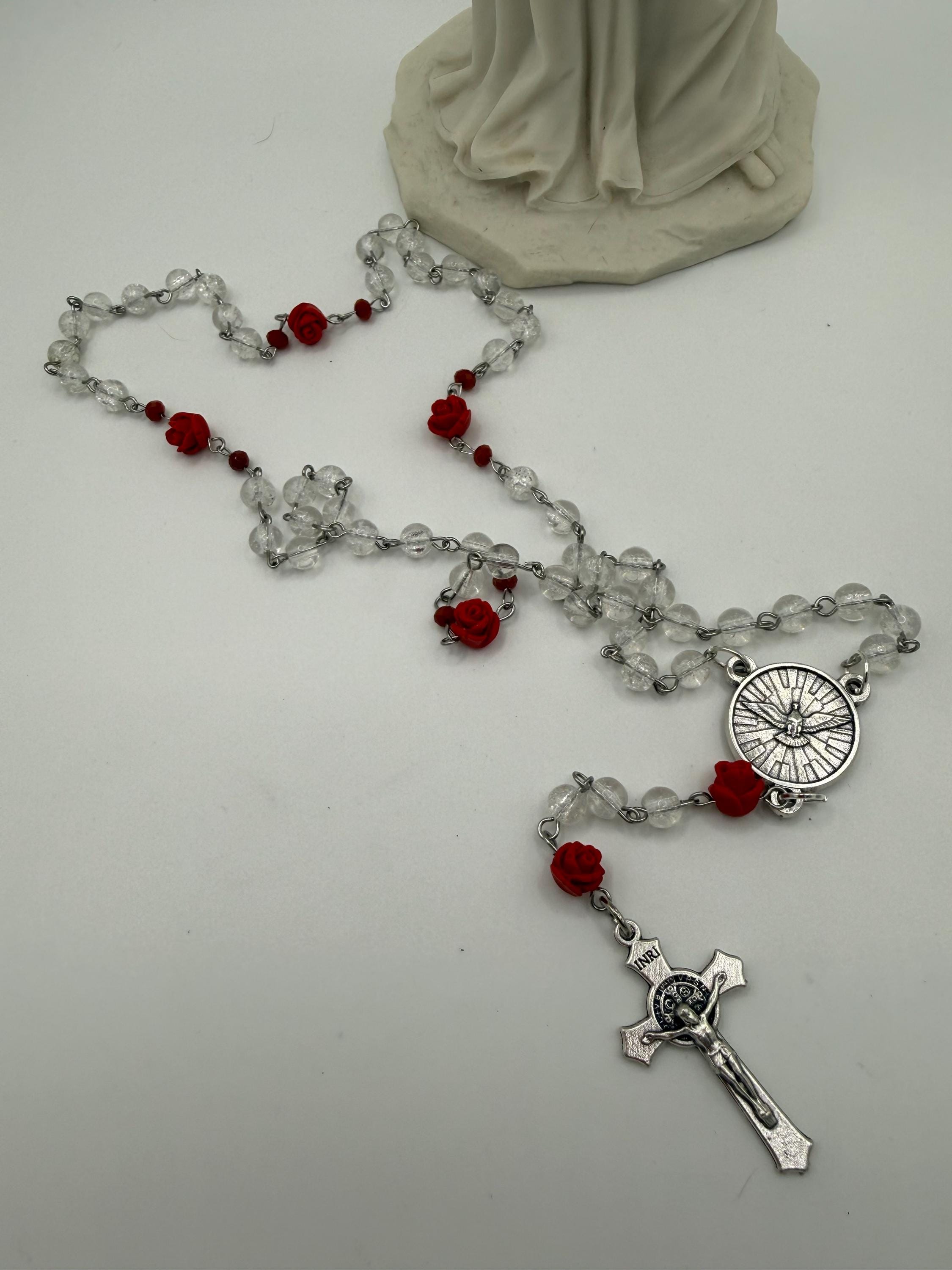 Clear Crackle Glass Rosary, Red Rose Beads, Holy Spirit Center, St. Benedict Crucifix