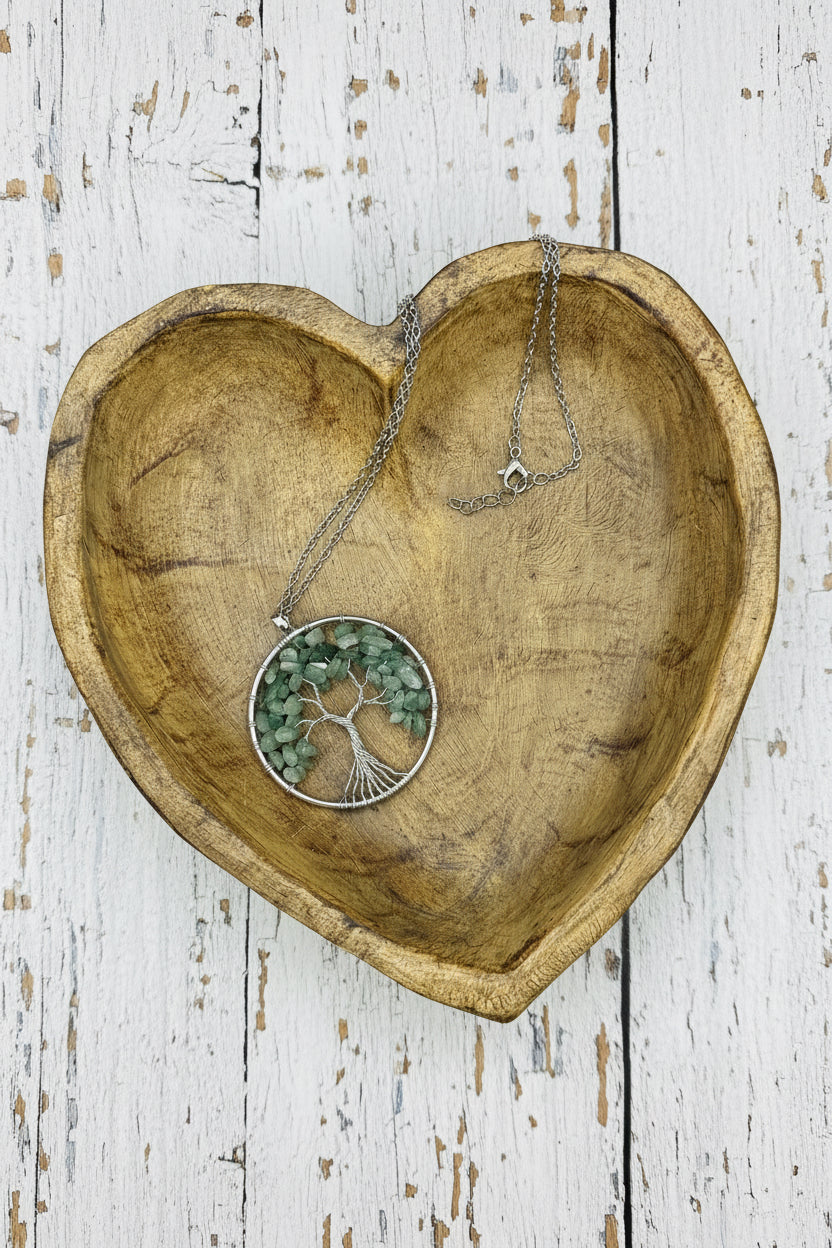 Wire Wrapped Green Aventurine Tree of Life Pendant Necklace • Silver Chain Boho Jewelry