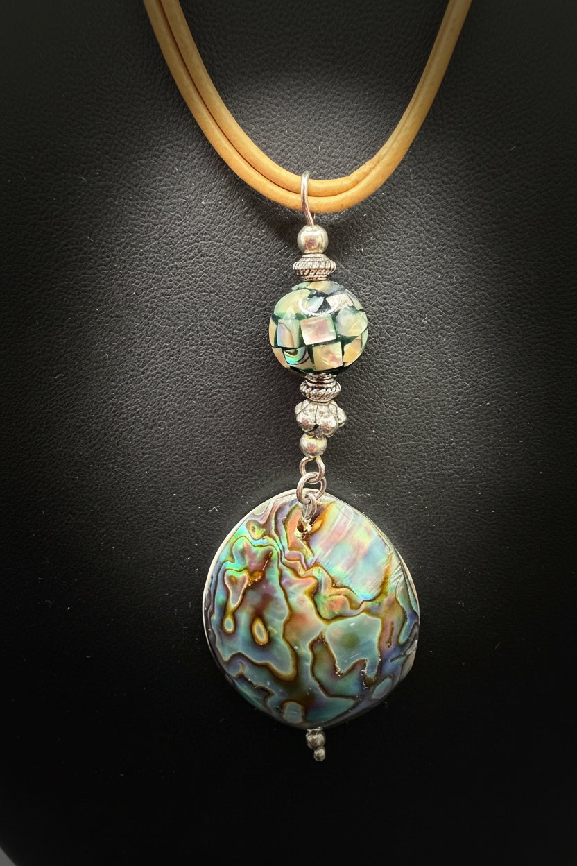 Natural Abalone Shell Pendant Necklace with Tan Leather Cord