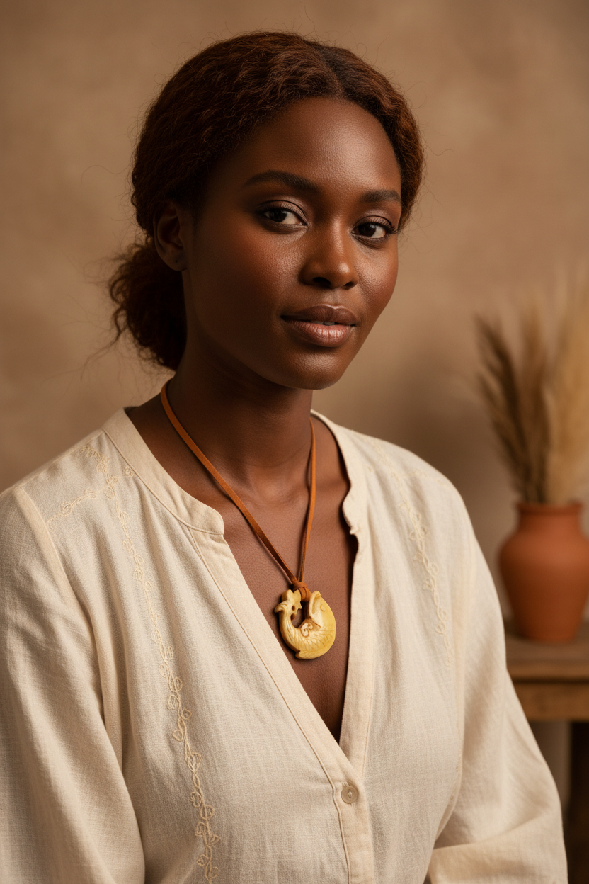 Hand-Carved Artisan Fish Pendant Necklace on Leather Cord