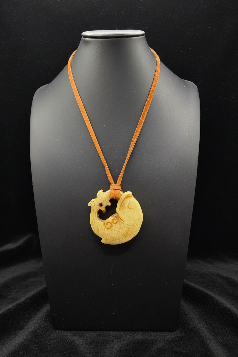 Hand-Carved Artisan Fish Pendant Necklace on Leather Cord