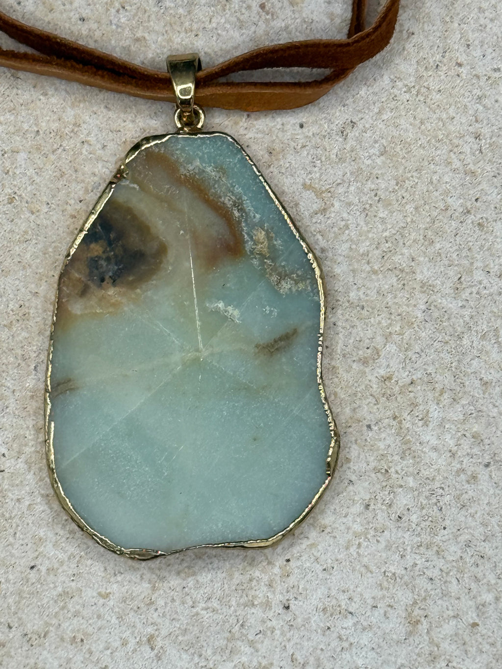 Natural Amazonite Stone Slice Pendant Necklace | Genuine Green Gemstone on Brown Leather Cord | Boho Chic Jewelry | Earthy Handmade Gift for