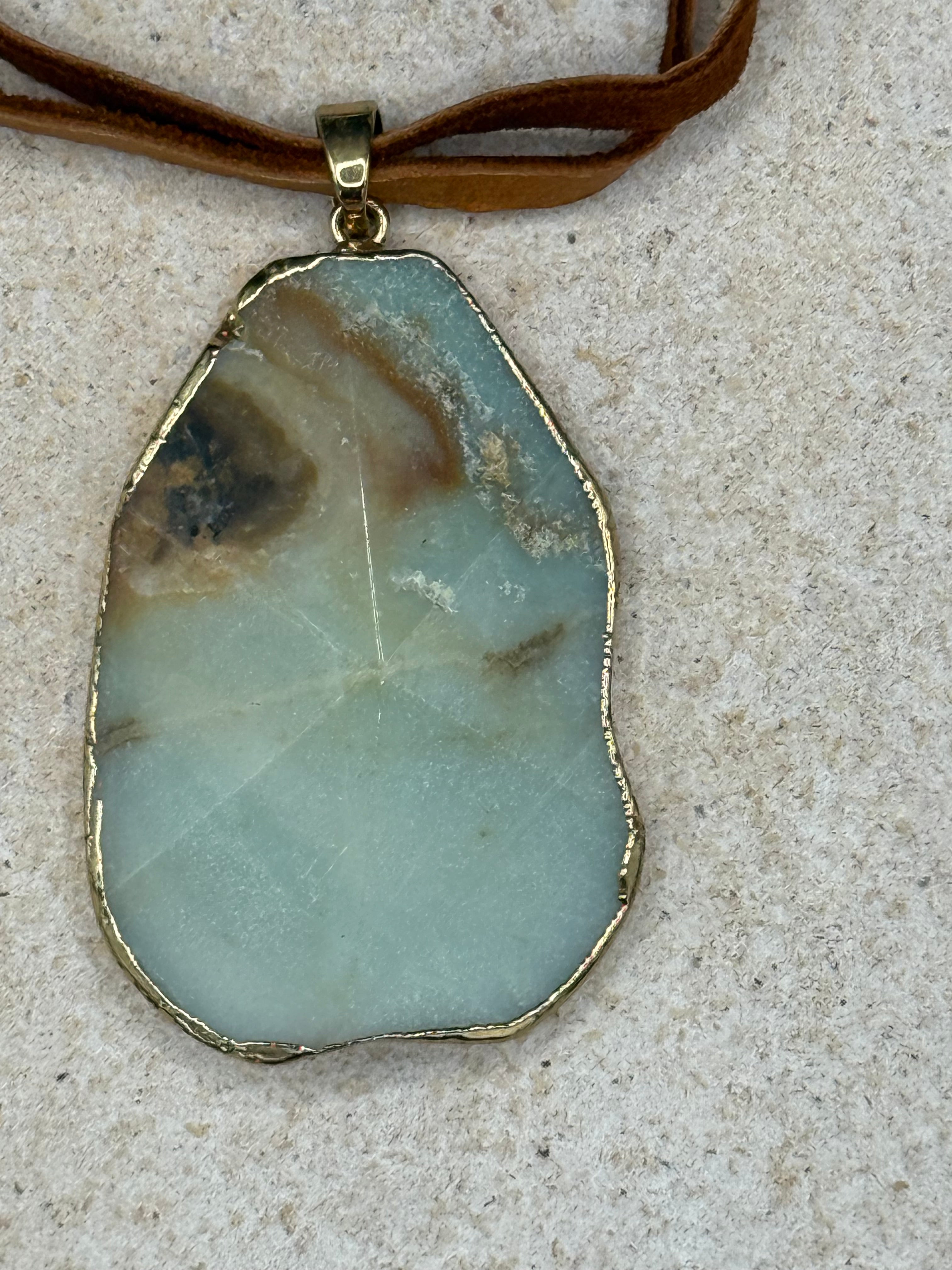 Natural Amazonite Stone Slice Pendant Necklace | Genuine Green Gemstone on Brown Leather Cord | Boho Chic Jewelry | Earthy Handmade Gift for