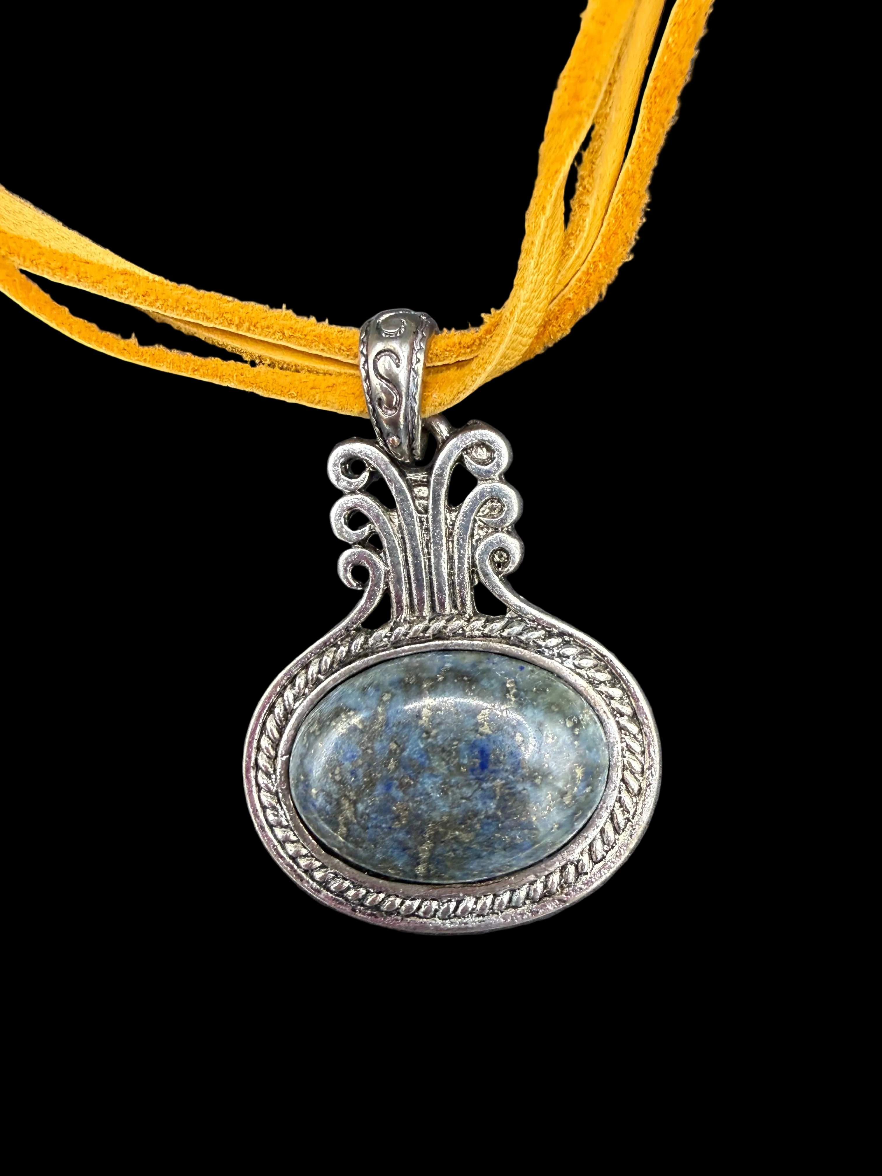 Boho Lapis Lazuli Oval Pendant Necklace, Ornate Silver Framed Blue Gemstone Charm, Double Strand Yellow-Ochre Suede Cord, Tribal Artisan Statement Jewelry