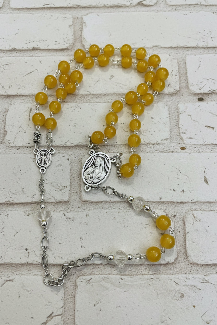 Yellow and White Floral Rosary with Mother Mary Centerpiece
