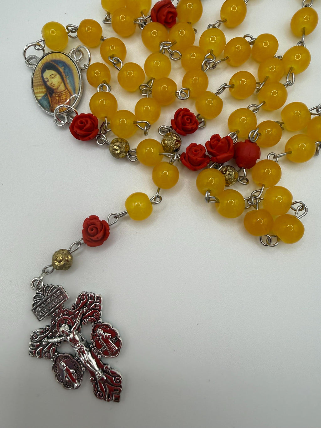 Yellow Glass Bead Rosary With Red Rose Accents, Our Lady of Guadalupe Center