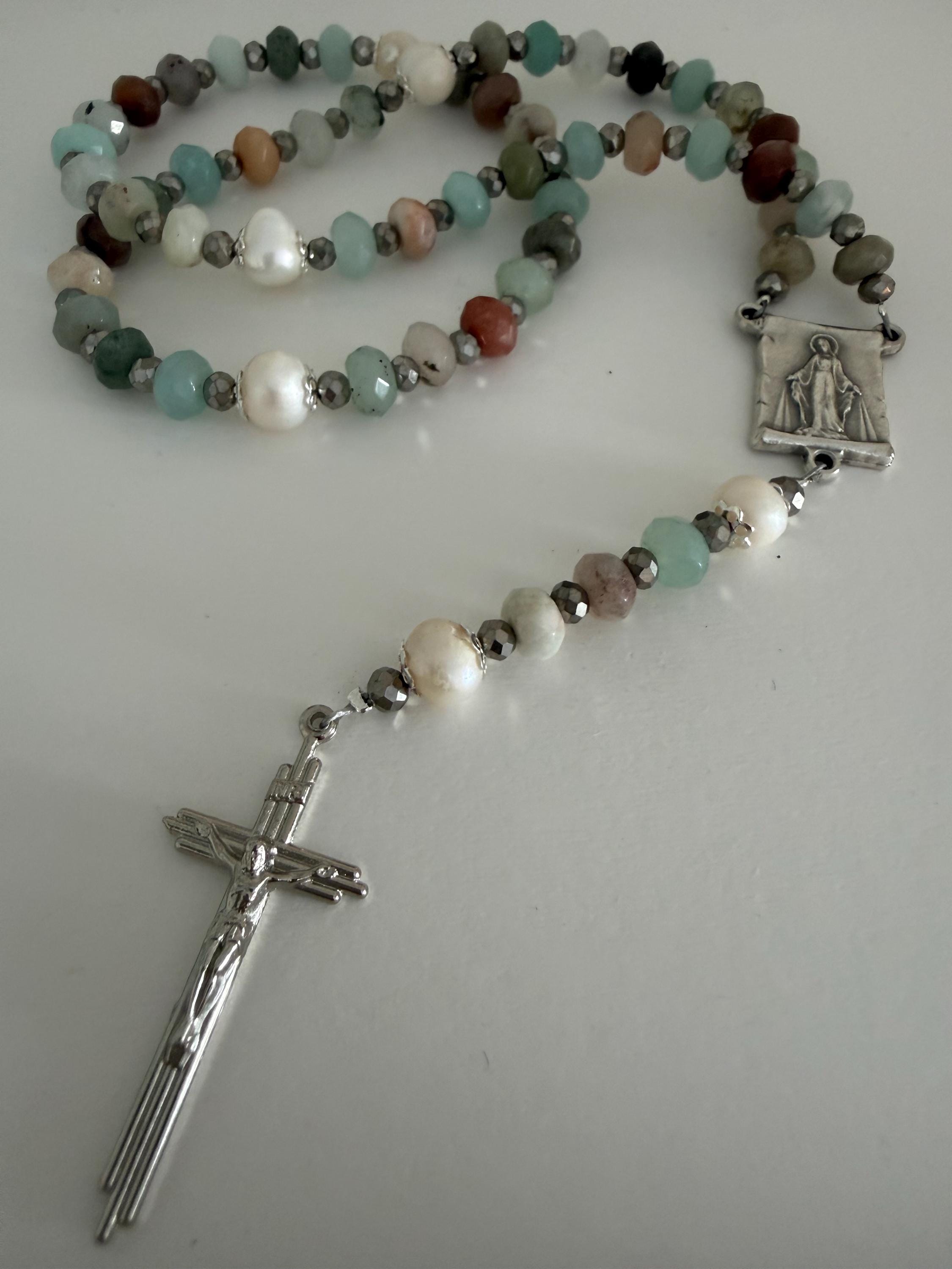 Title: Earth and Sea Natural Stone Rosary with Triple Nail Crucifix