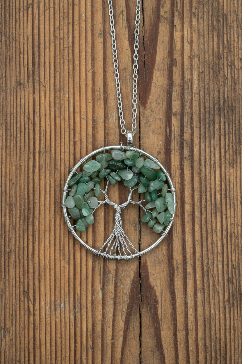 Wire Wrapped Green Aventurine Tree of Life Pendant Necklace • Silver Chain Boho Jewelry