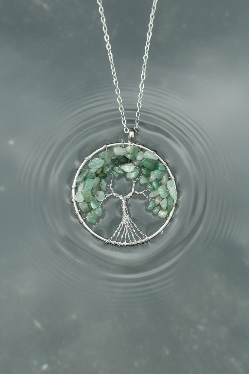 Wire Wrapped Green Aventurine Tree of Life Pendant Necklace • Silver Chain Boho Jewelry