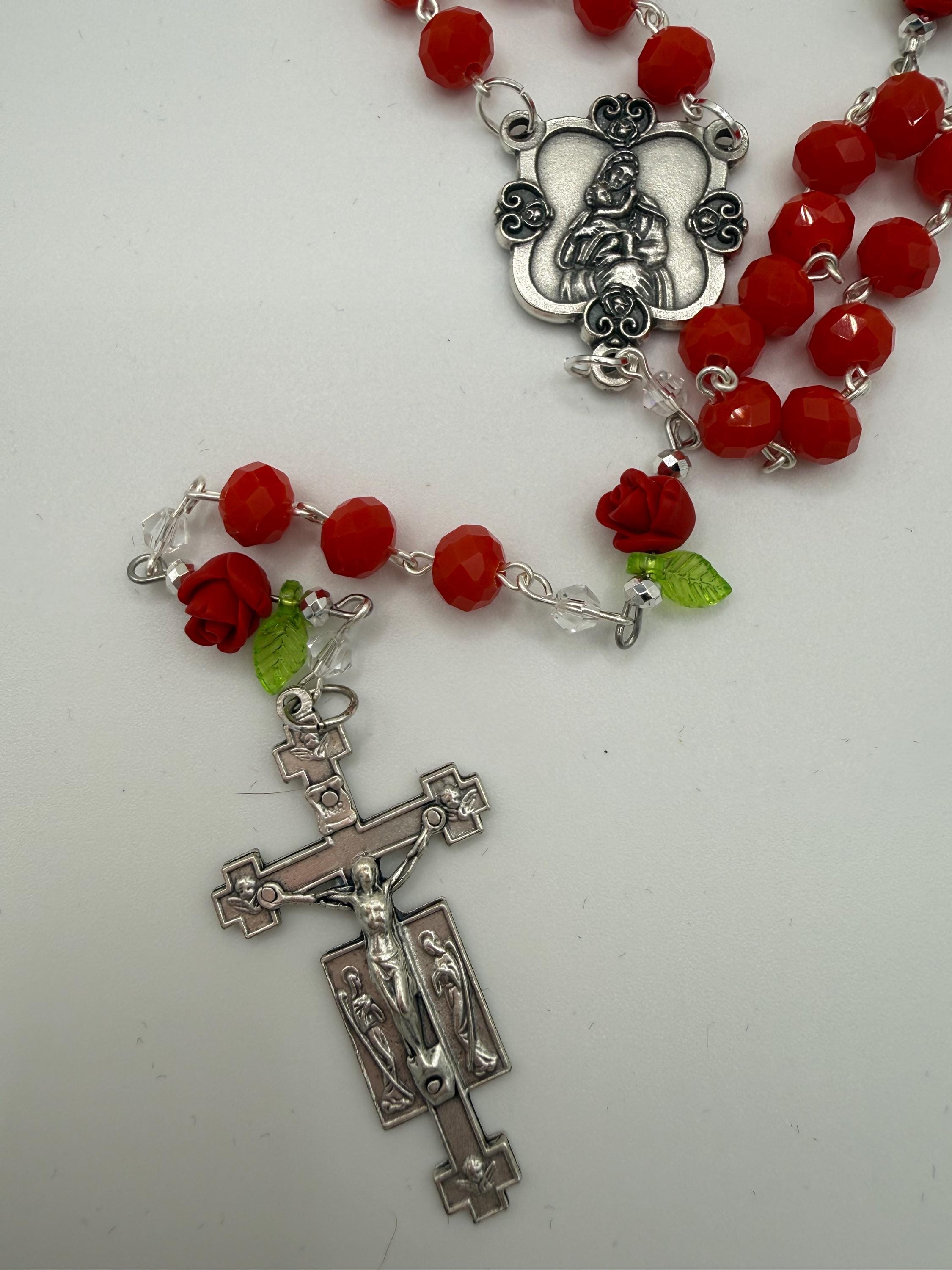 Red Crystal Rosary with Rose Beads - Handmade Devotional Gift