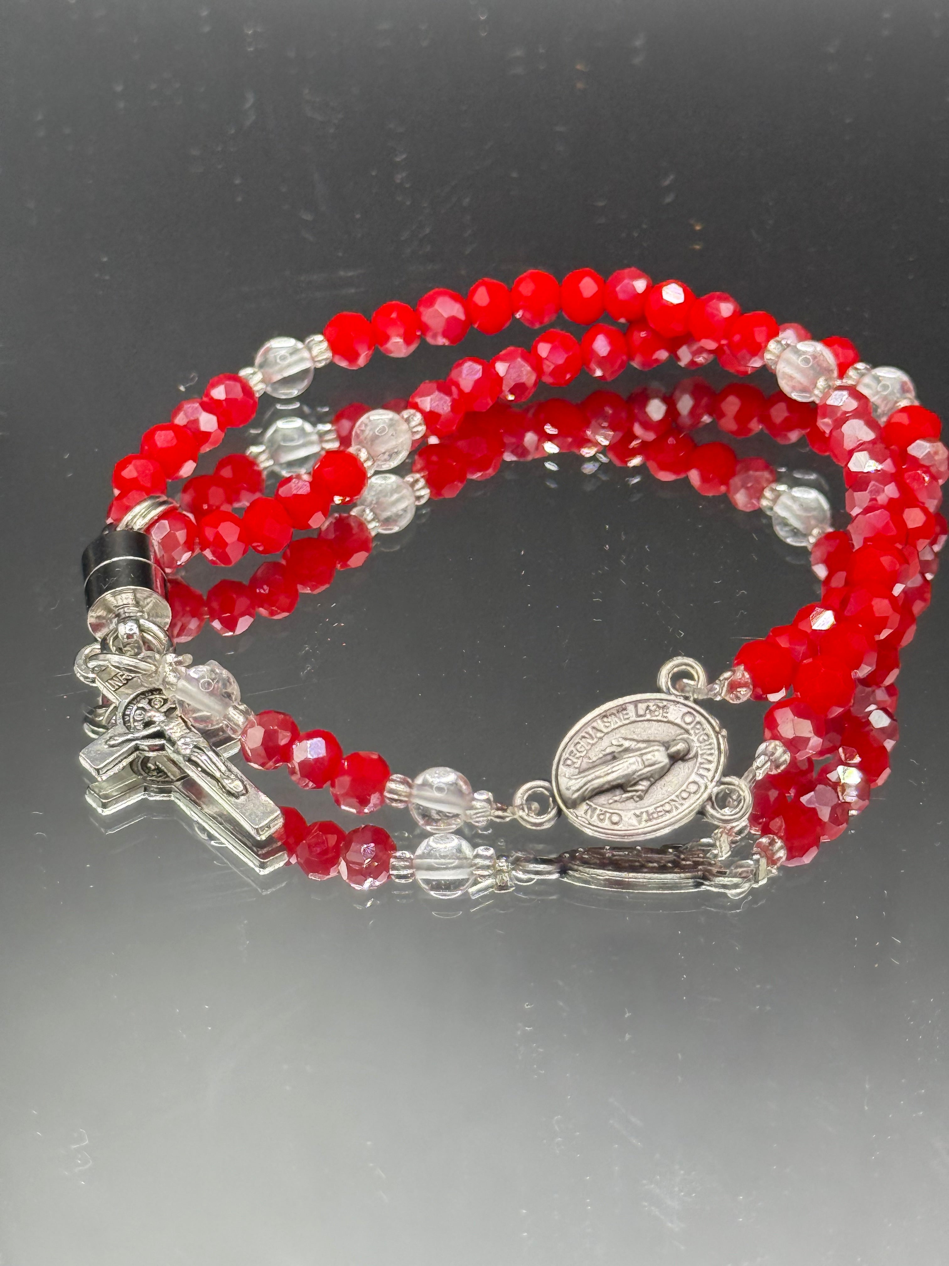 Red Crystal Rosary Bracelet – Miraculous Medal & Silver Crucifix | Handmade Catholic Gift