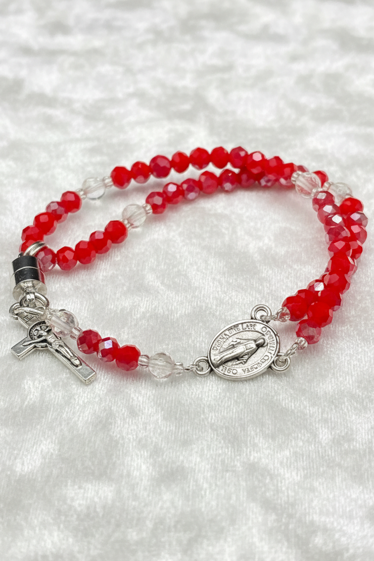 Red Crystal Rosary Bracelet – Miraculous Medal & Silver Crucifix | Handmade Catholic Gift