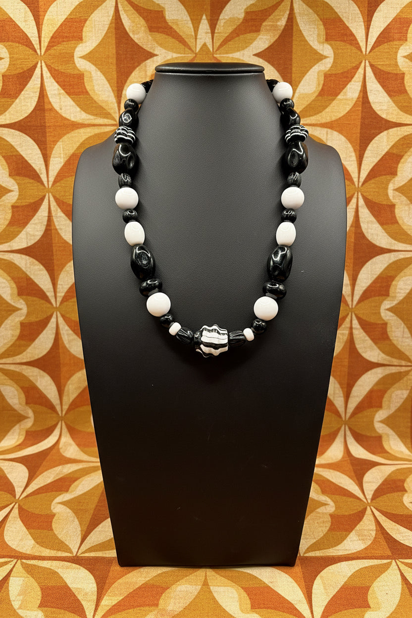 Vintage Monochrome Art Glass Statement Necklace | Black & White Striped Beaded Choker