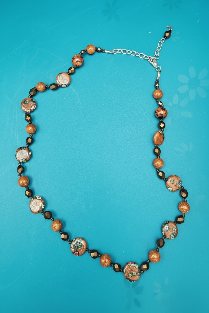 Sparkling Goldstone & Venetian Millefiori Glass Bead Necklace | Warm Earth Tones