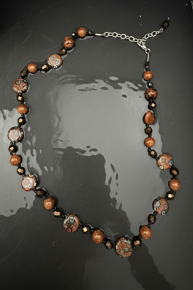 Sparkling Goldstone & Venetian Millefiori Glass Bead Necklace | Warm Earth Tones