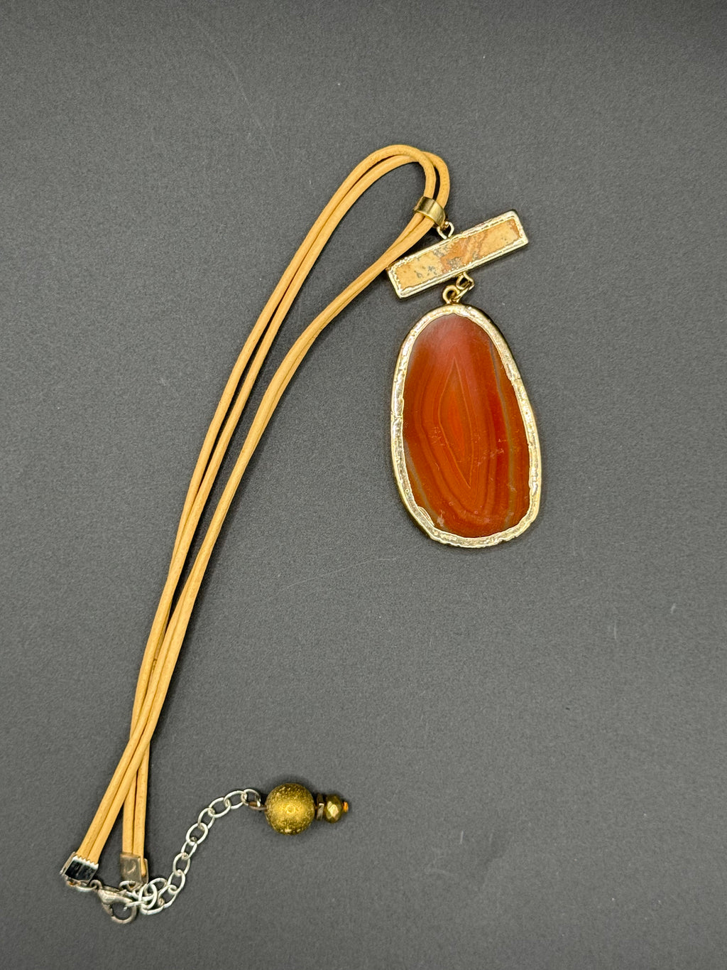 Boho Statement Agate Slice Necklace - Terracotta Orange Stone Pendant on Neutral Cord, Gold Trim, Gift for Her