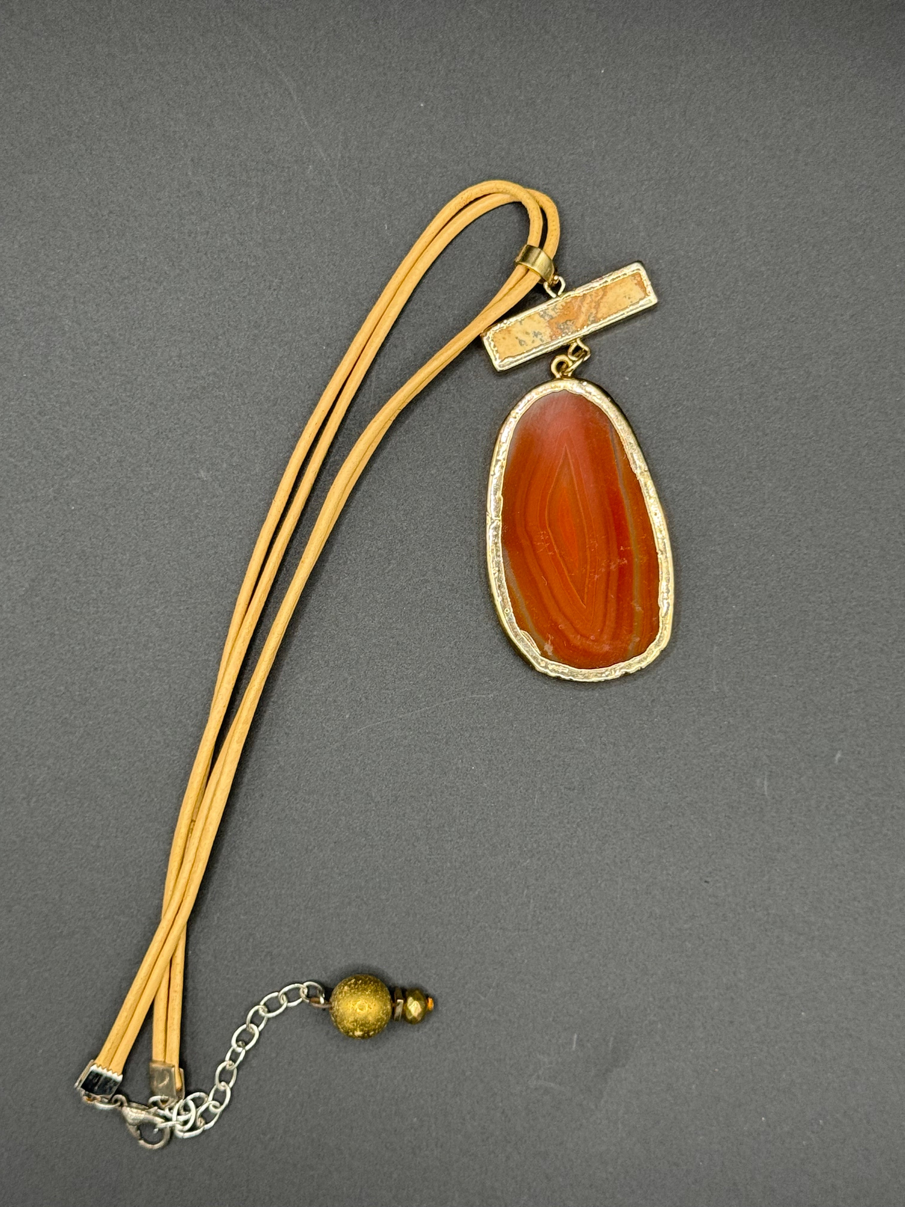 Boho Statement Agate Slice Necklace - Terracotta Orange Stone Pendant on Neutral Cord, Gold Trim, Gift for Her