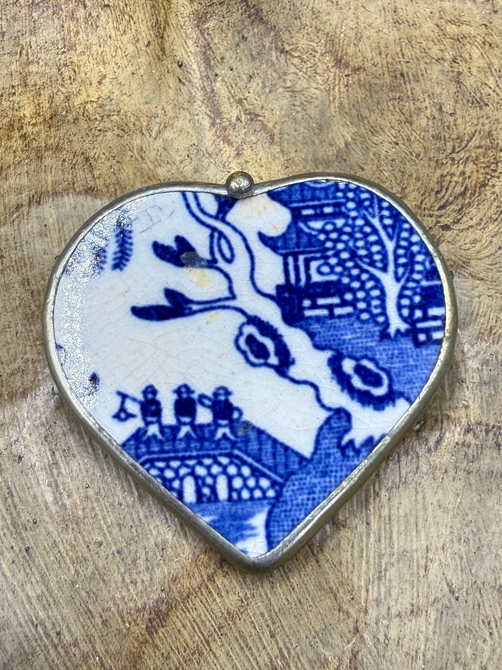 Vintage Blue Willow Broken China Heart Brooch & Pendant – Stamped JAPAN