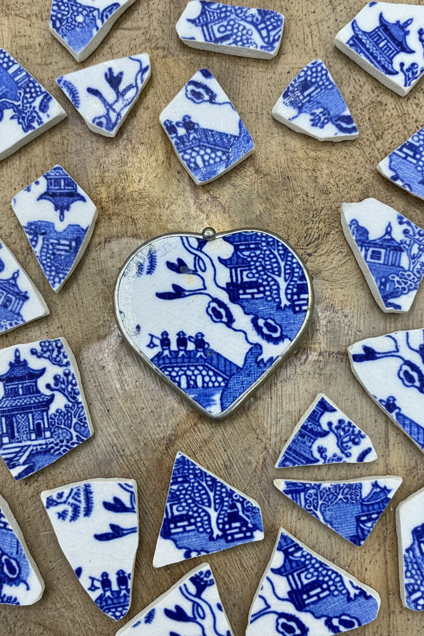 Vintage Blue Willow Broken China Heart Brooch & Pendant – Stamped JAPAN