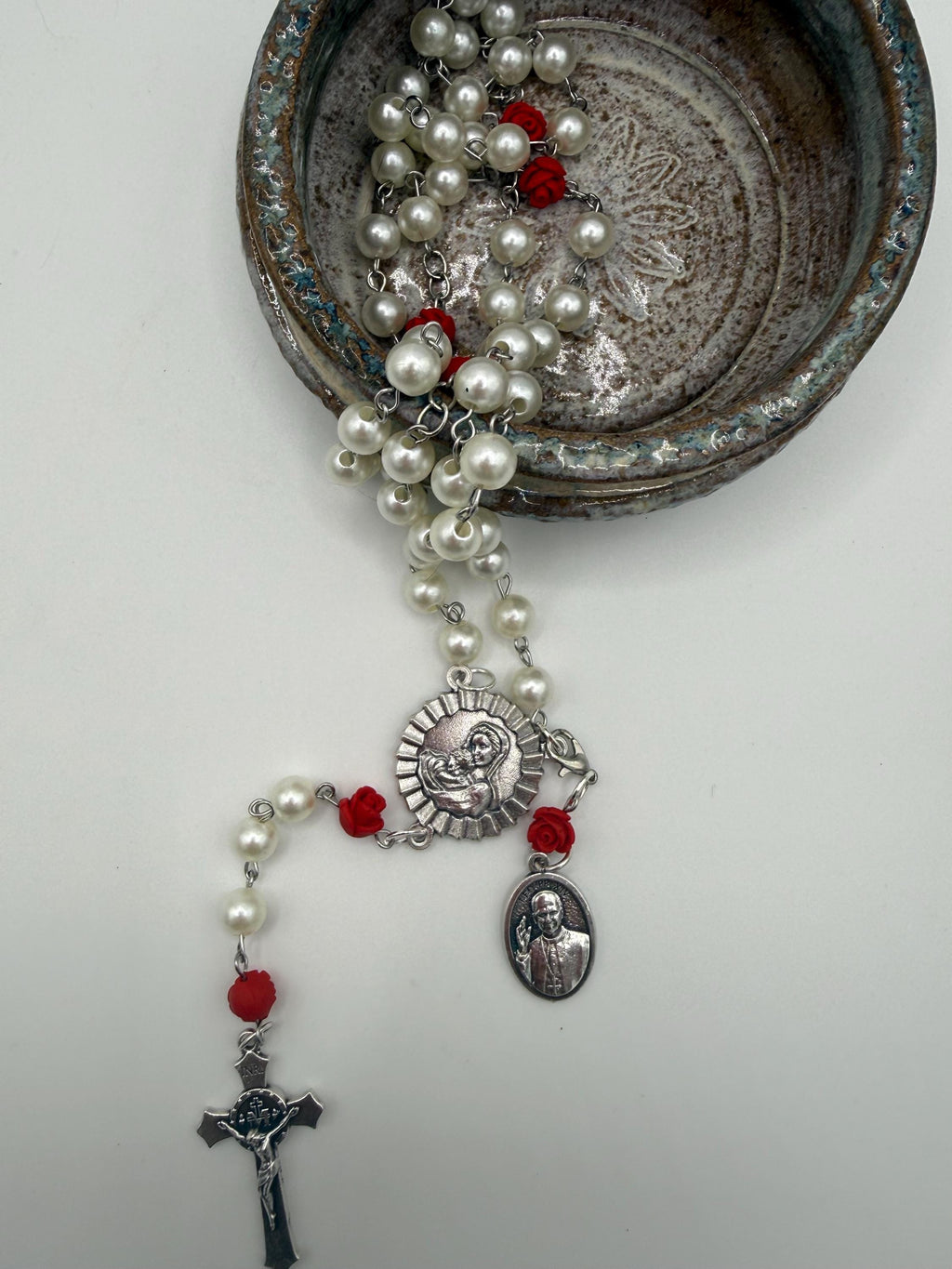 Pearl Like and Red Rose Handmade Rosary Catholic with Madonna Center & Crucifix Gift