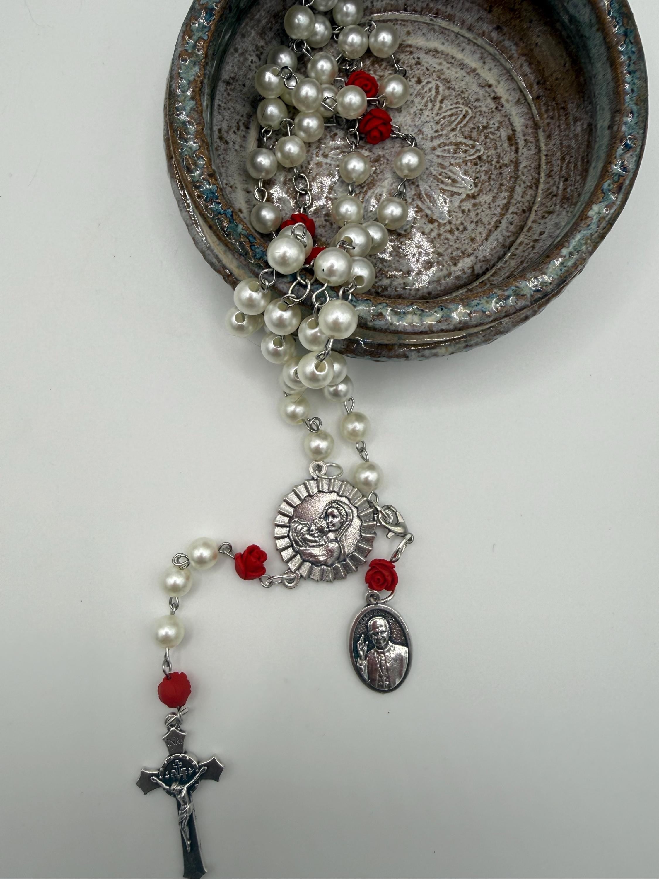 Pearl Like and Red Rose Handmade Rosary Catholic with Madonna Center & Crucifix Gift
