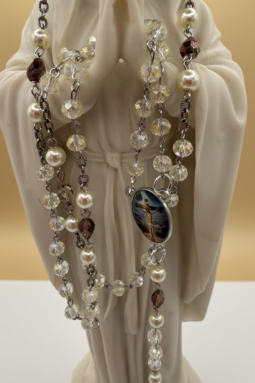 Handcrafted Catholic Rosary - Clear Crystal & Faux Pearl Beads with St. Benedict Crucifix and Sacred Heart Centerpiece - Traditional Prayer