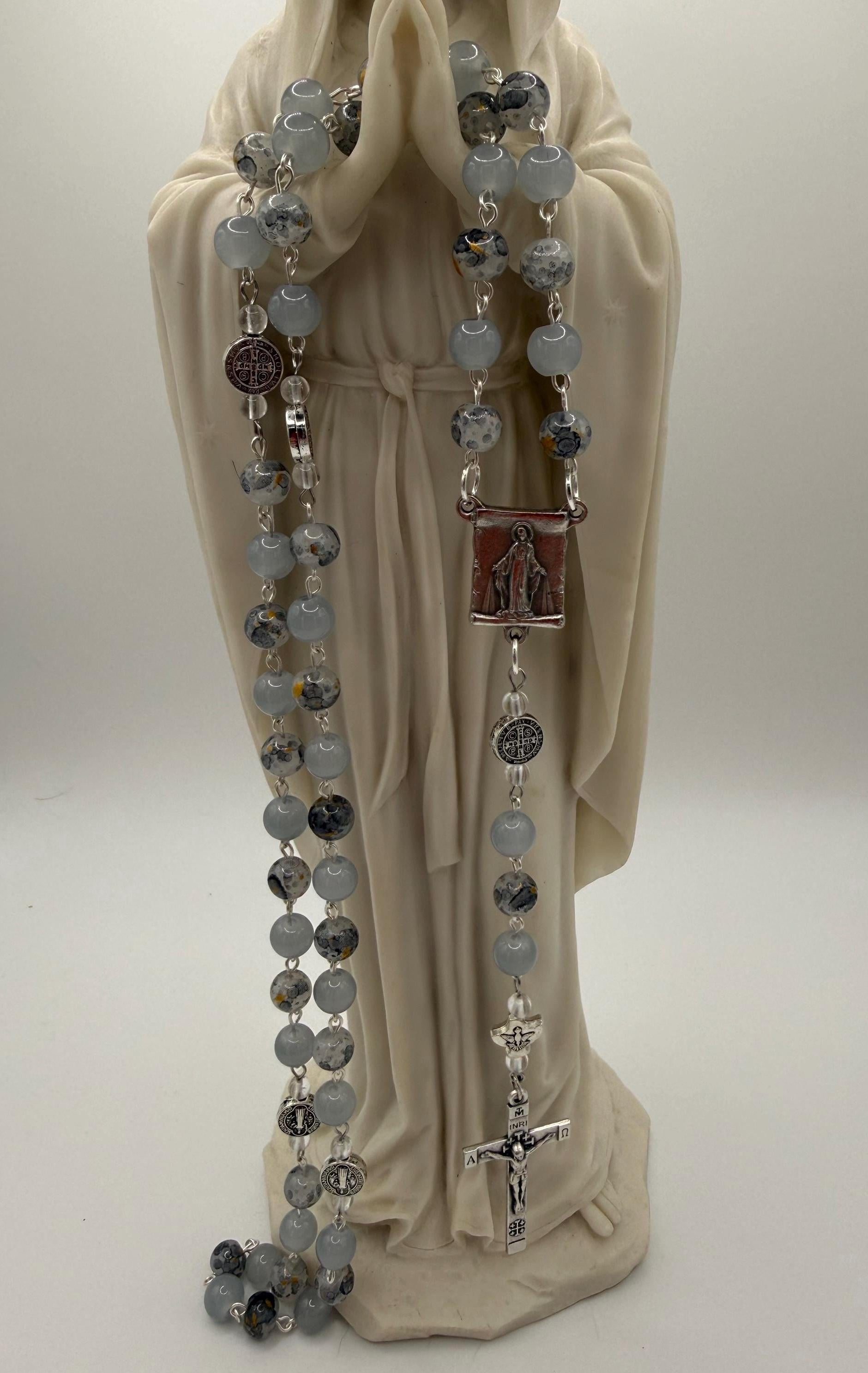 Gray Glass Rosary, Miraculous Medal, St. Benedict Accents, Silver Crucifix