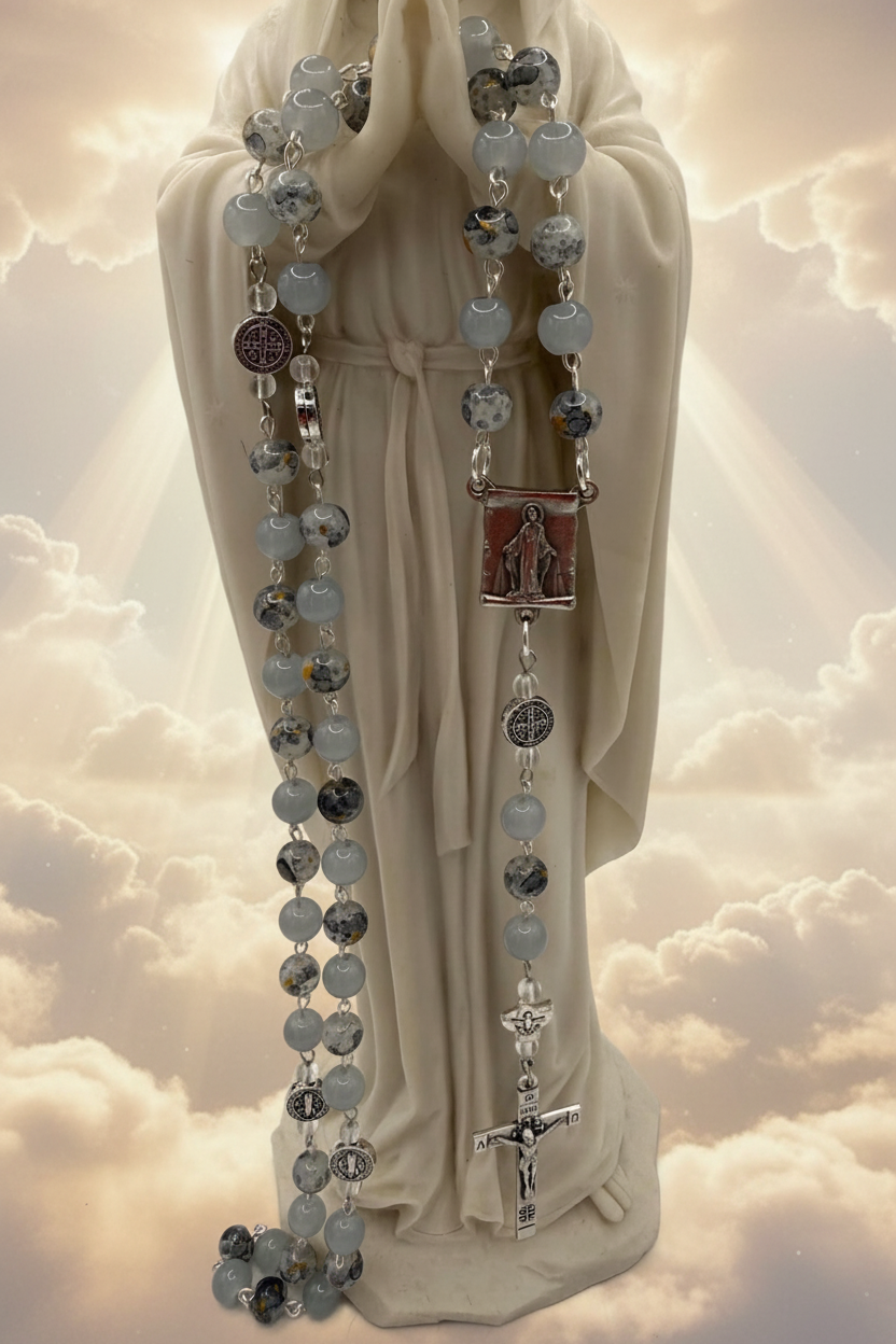 Gray Glass Rosary, Miraculous Medal, St. Benedict Accents, Silver Crucifix