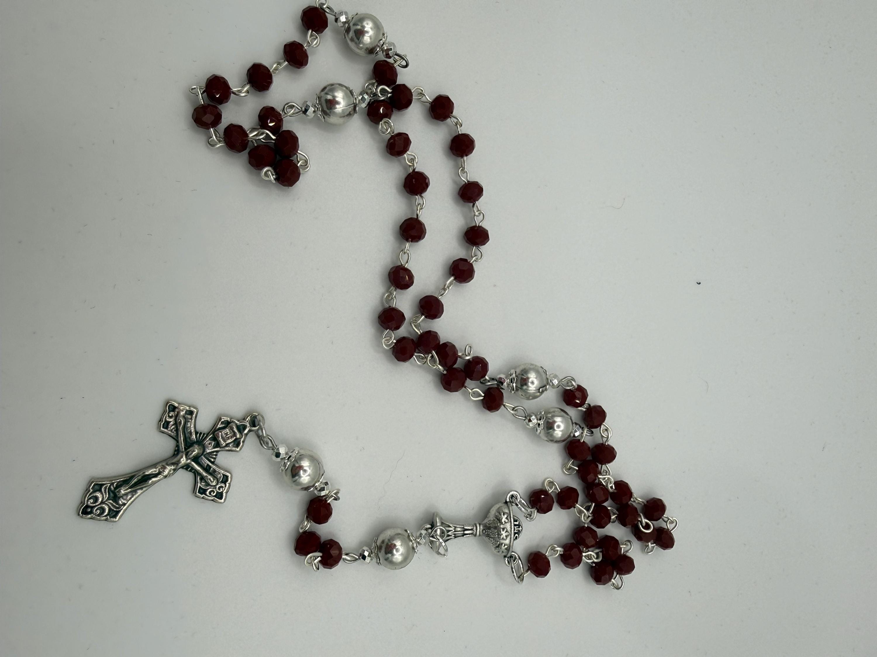Deep Red Crystal First Communion Rosary – Chalice Centerpiece, Pardon Crucifix