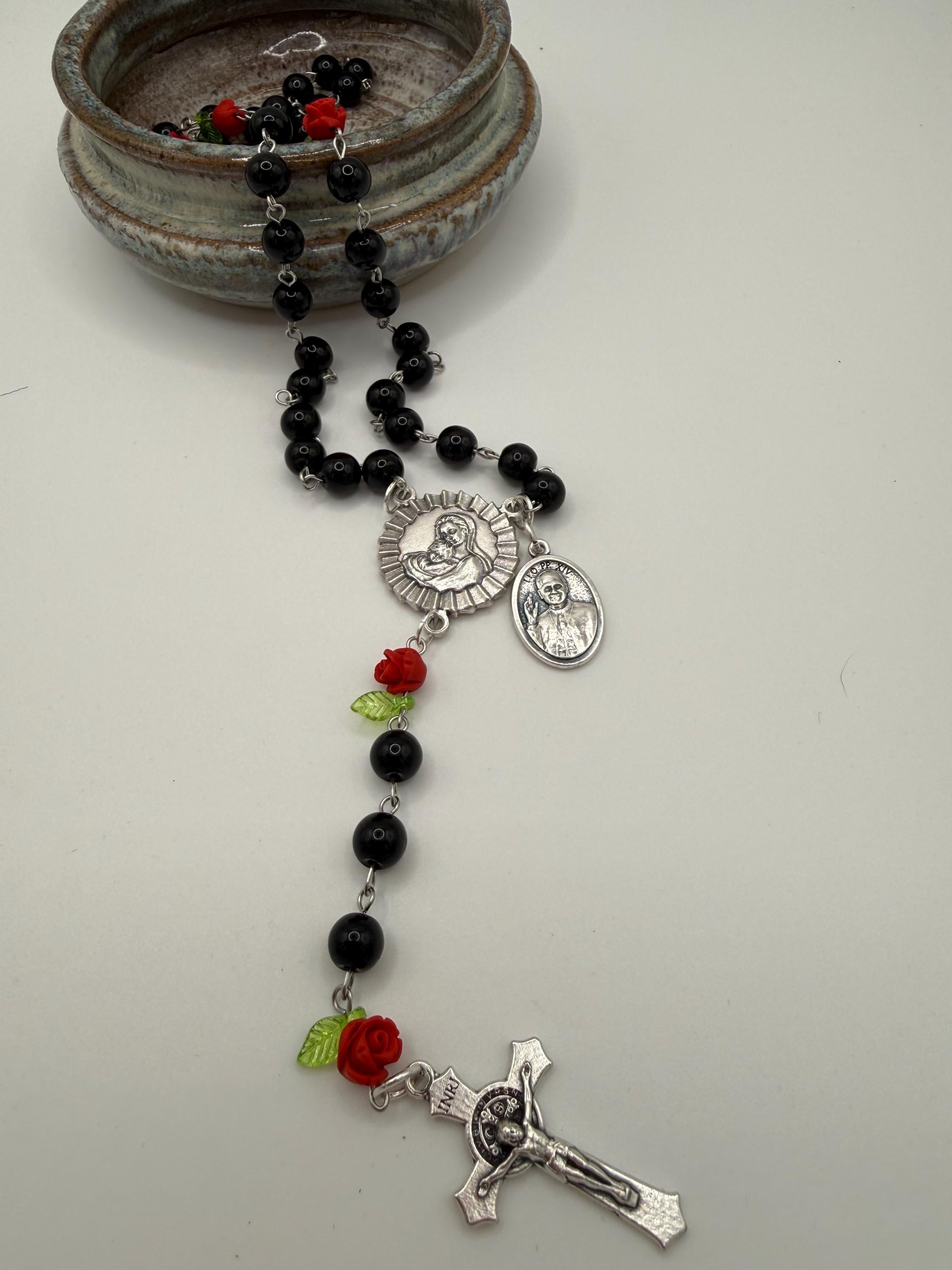 Black Rosary, Red Rose Accents, Madonna & Child, St. Pope Leo Medal