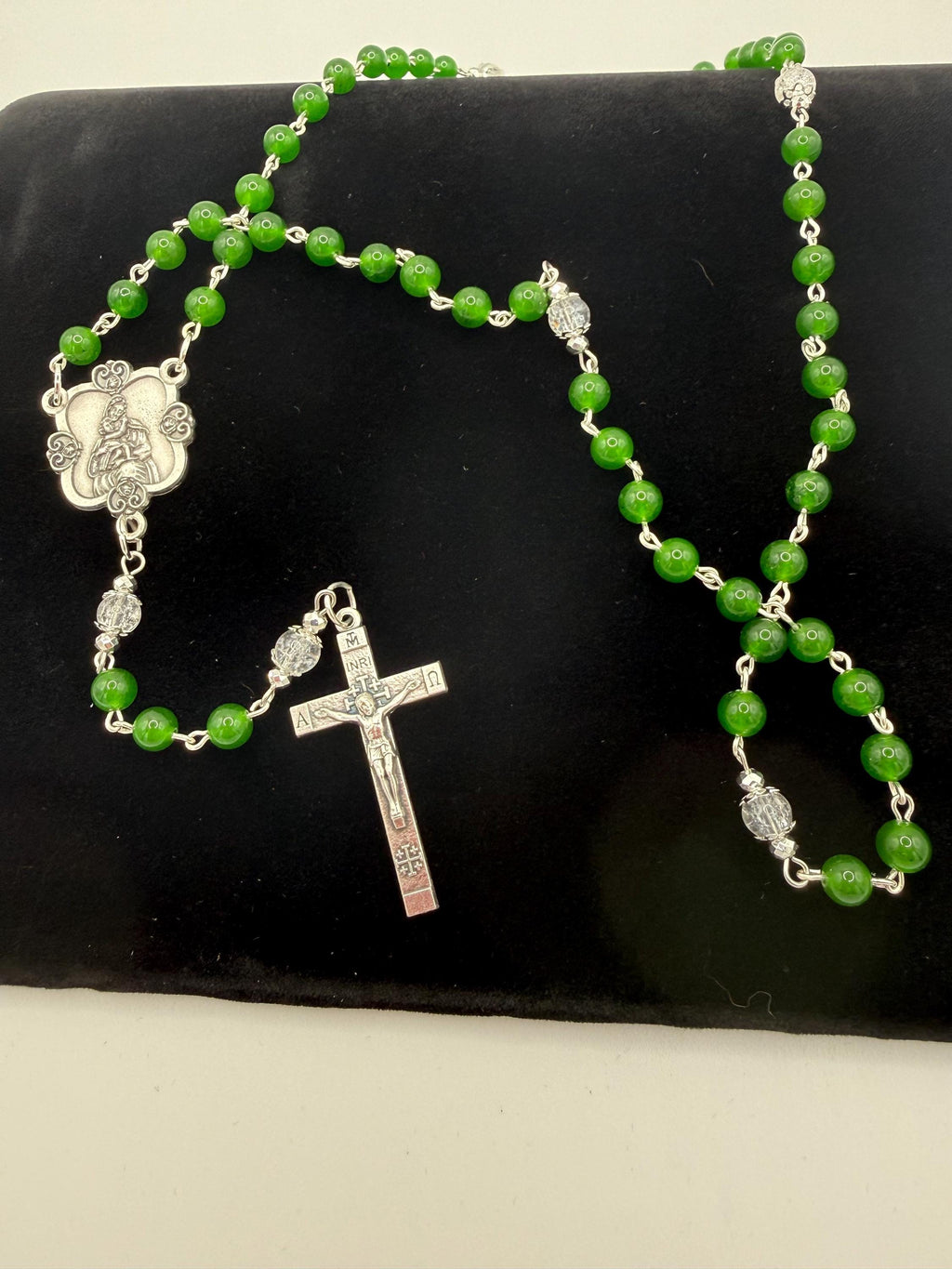 Handmade Green Rosary - Catholic Prayer Beads with Silver Madonna Centerpiece