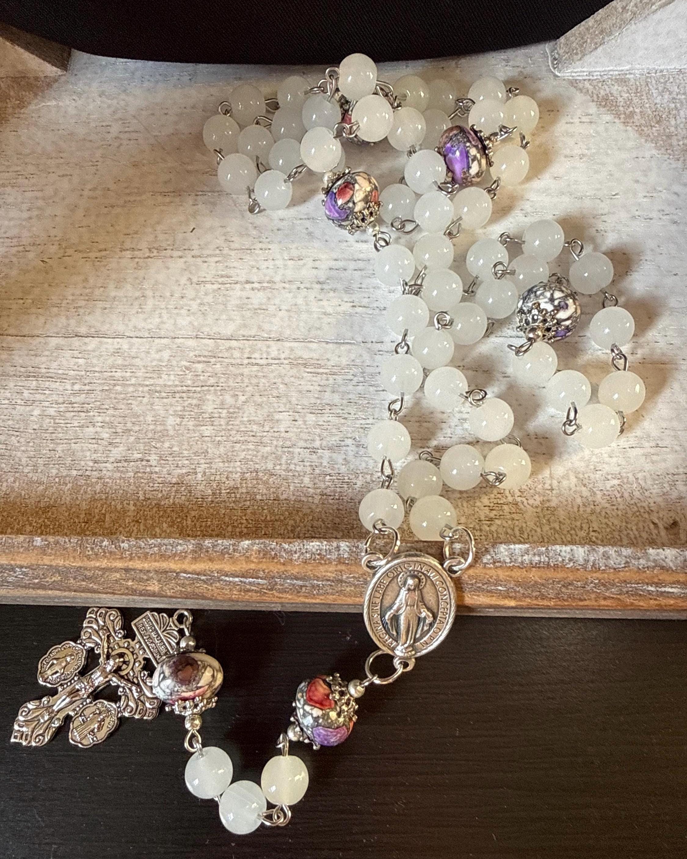 White Stone Rosary with Silver-Capped Accent Marble “Our Father” Beads.