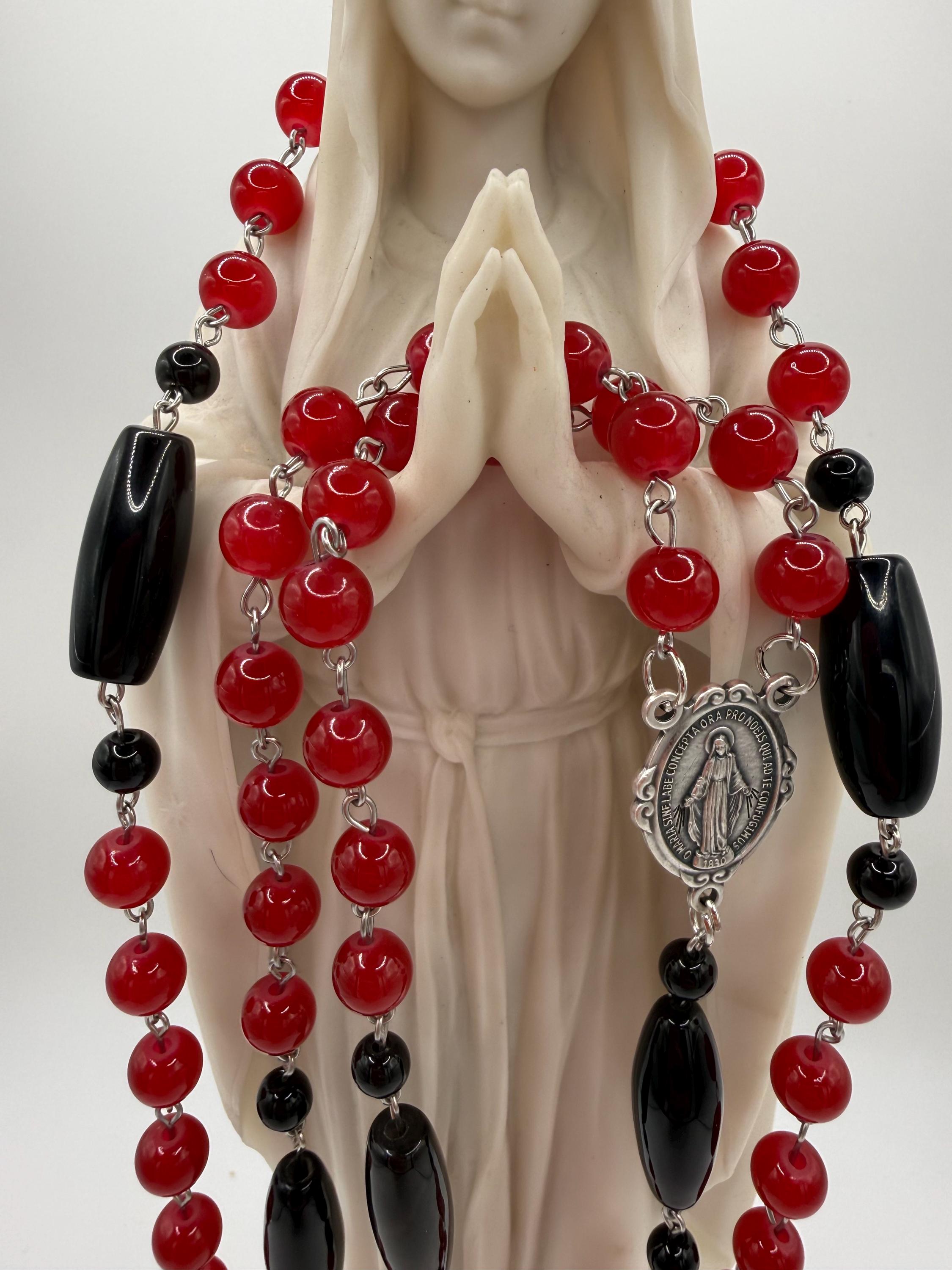 Catholic Red Glass Beads and Vintage Black Agate Beads