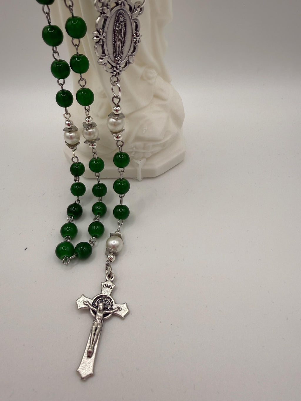 Handmade Green Rosary - Catholic Prayer Beads with Silver Madonna Centerpiece