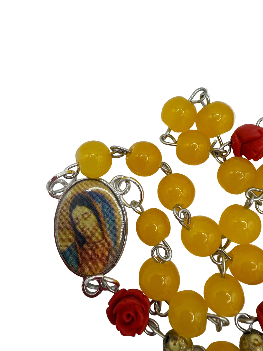 Yellow Glass Bead Rosary With Red Rose Accents, Our Lady of Guadalupe Center