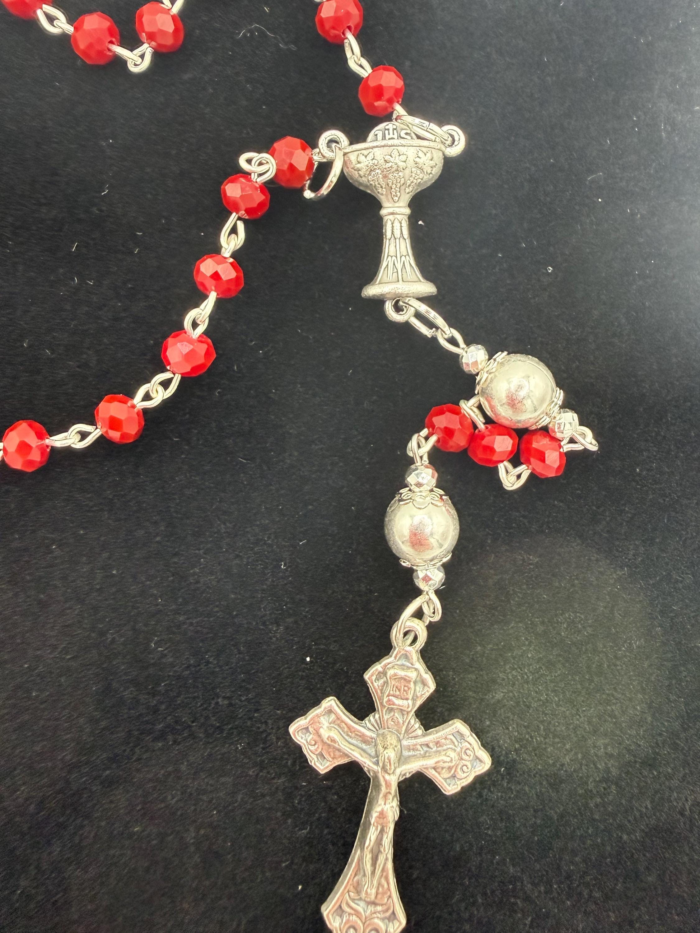 Deep Red Crystal First Communion Rosary – Chalice Centerpiece, Pardon Crucifix