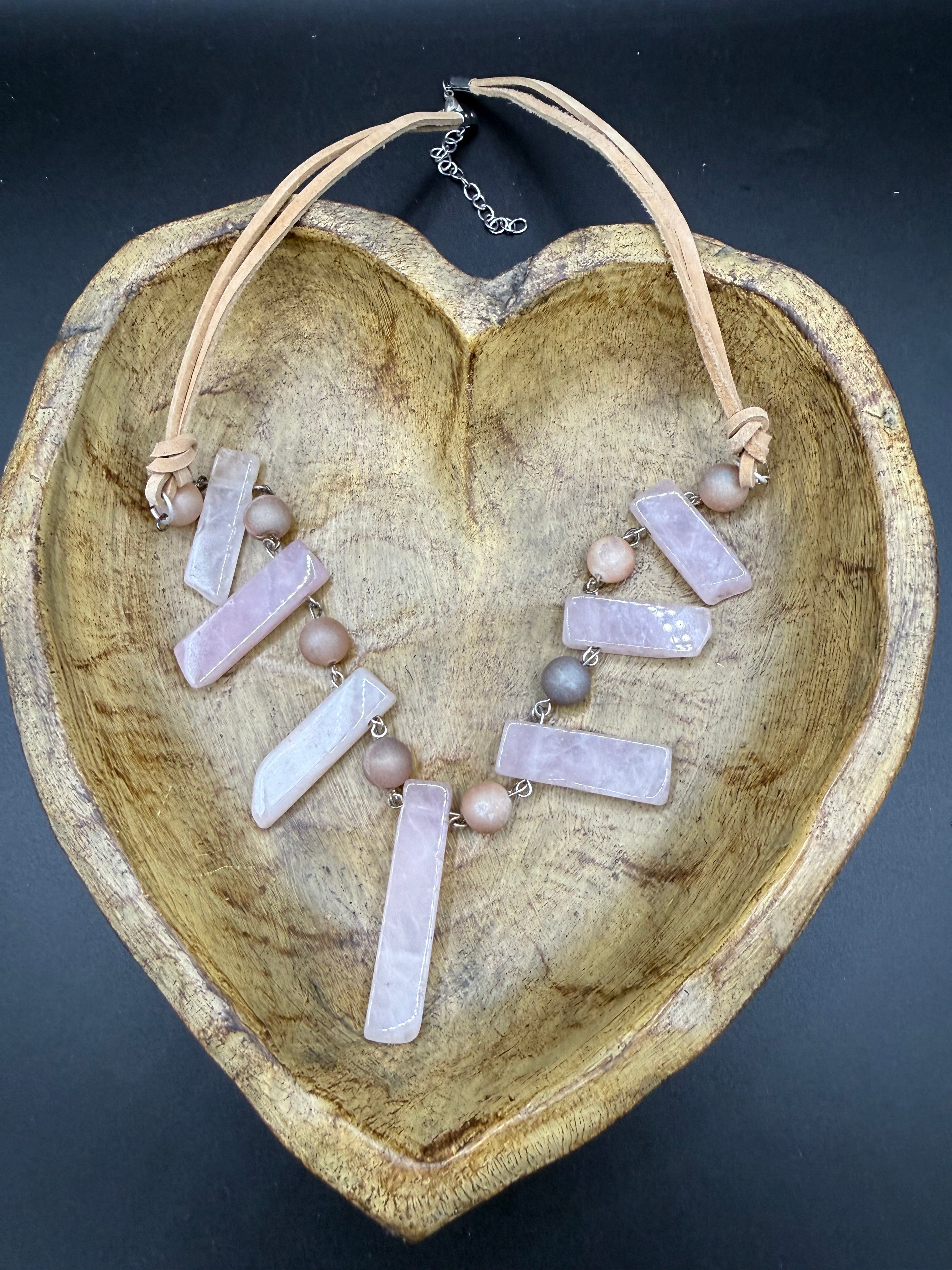 Rose Quartz Bib Necklace | Natural Stone Slab Statement Necklace | Boho Crystal Jewelry